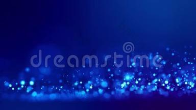 神奇的蓝色发光粒子流动在粘稠的液体和明亮的光泽。 科幻小说。 4k三维科幻背景